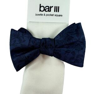 Bar III Mens Edken Textured Bow Tie & Pocket Square Navy White OS